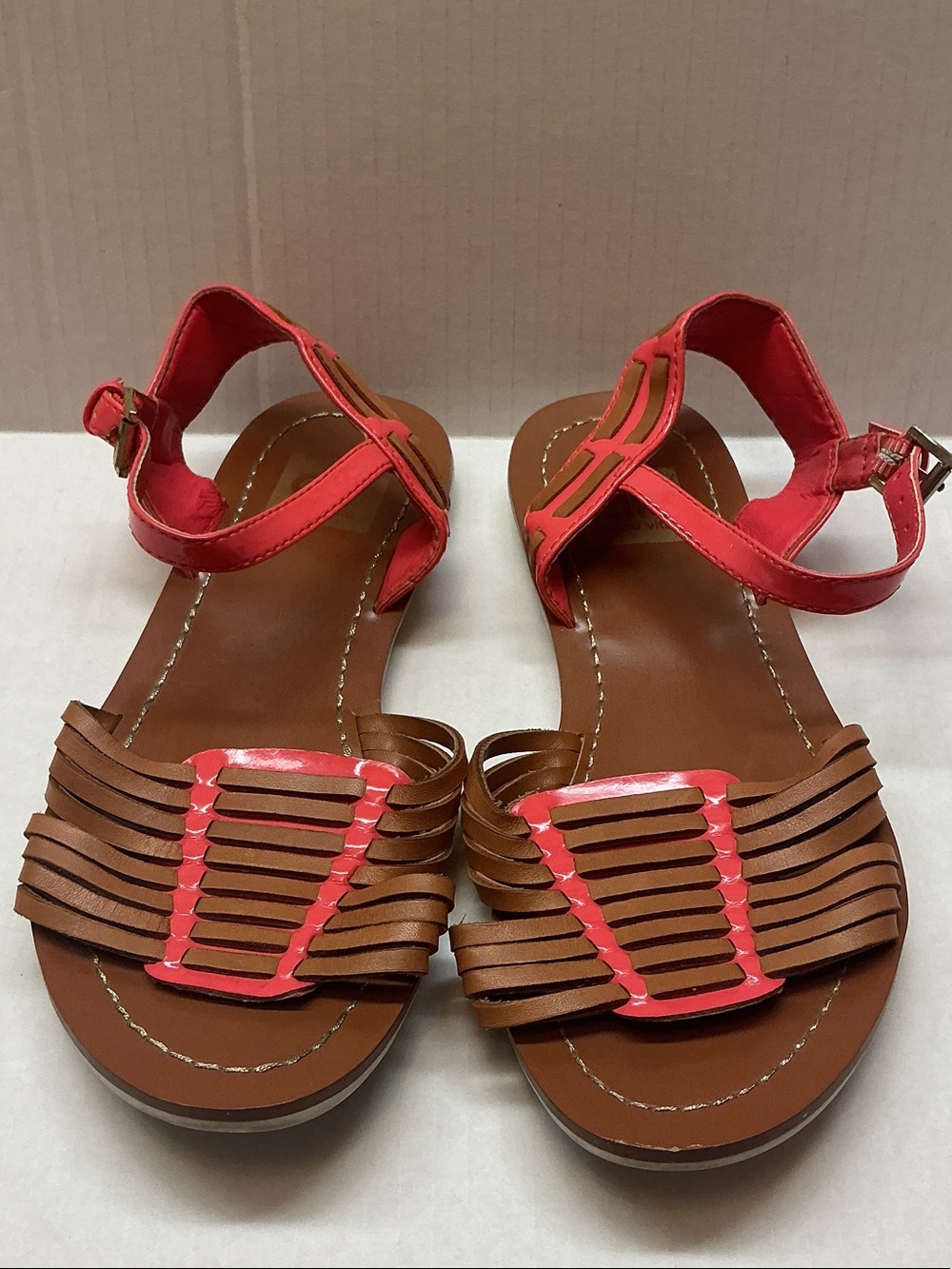 Dolce Vita Brown and Coral Strappy Ankle Strap Sandals Size 6.5